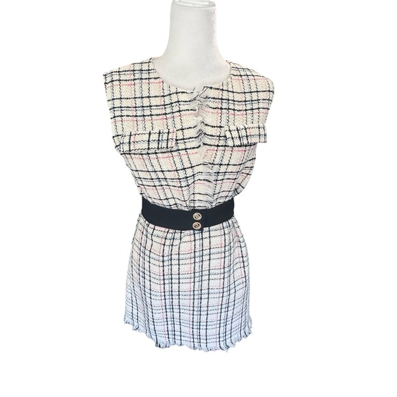 NWT Maje Paris Ecru Rainey Tweed Mini Dress With Black Belt EU 38/US Size 6 - Picture 3 of 15